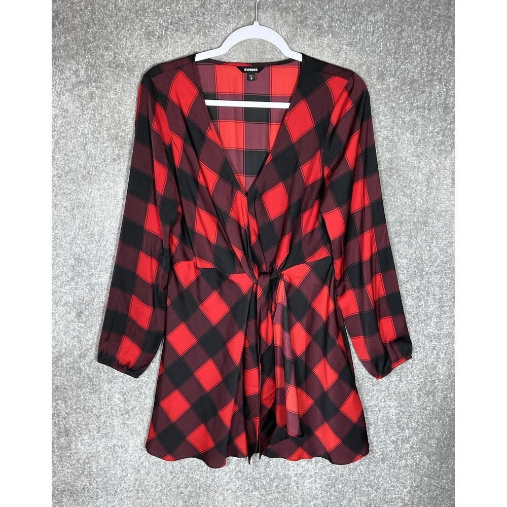 Express Buffalo Plaid Dress Womens Size Medium Red Black Faux Wrap Long Sleeve